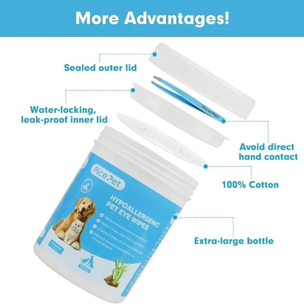 Hypoallergenic Eye Wipes for Dog & Cats, 100 Pcs Plant-Based Tear Stain Remover